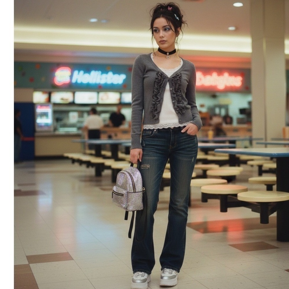 Hollister Womens Small Cardigan Gray Ruffle Knit Y2K Coquette Cottagecore